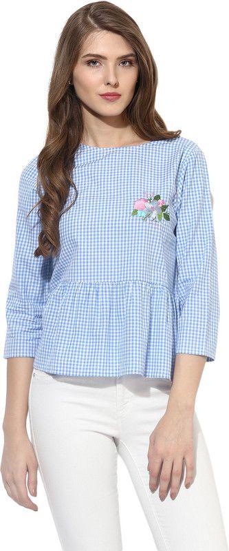Party Regular Sleeves Checkered Women Blue Top