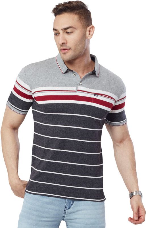 Men Striped Polo Neck Reversible Cotton Blend Red, Black, Grey T-Shirt