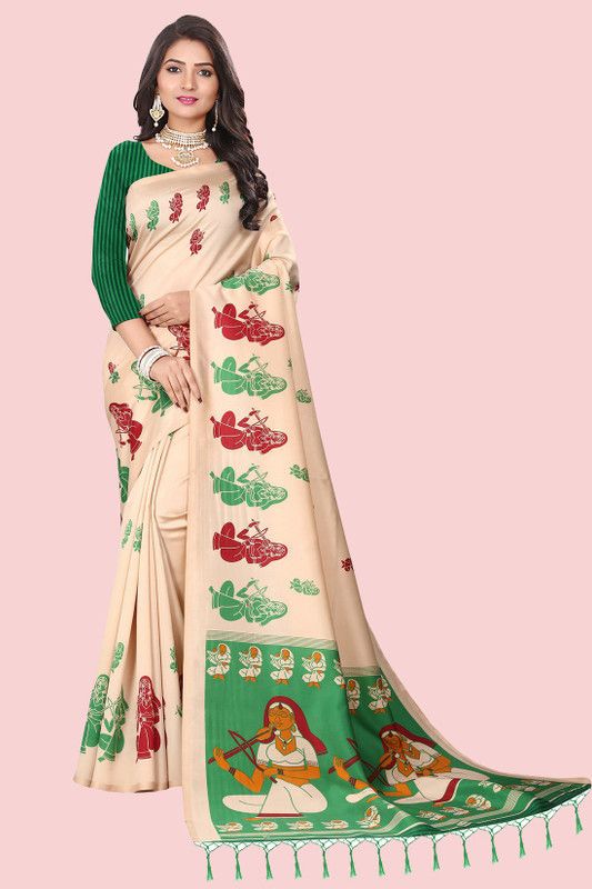 Kalamkari Art Silk Saree  (Green, Beige)