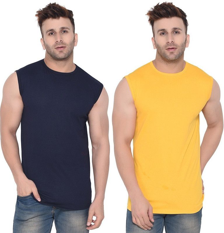 Pack of 2 Faizaan Men Solid Round Neck Cotton Blend Dark Blue, Yellow T-Shirt