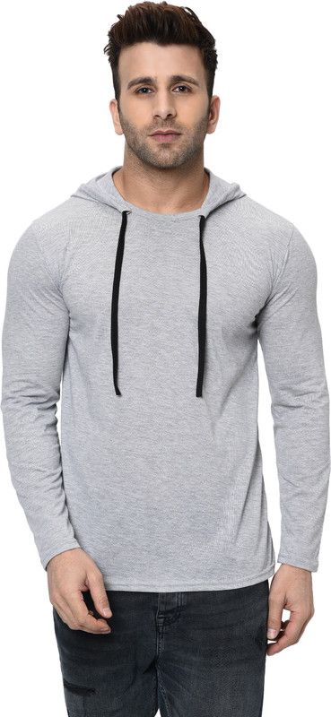 Round Neck Men's Hoodie Men Solid Hooded Neck Cotton Blend Grey T-Shirt