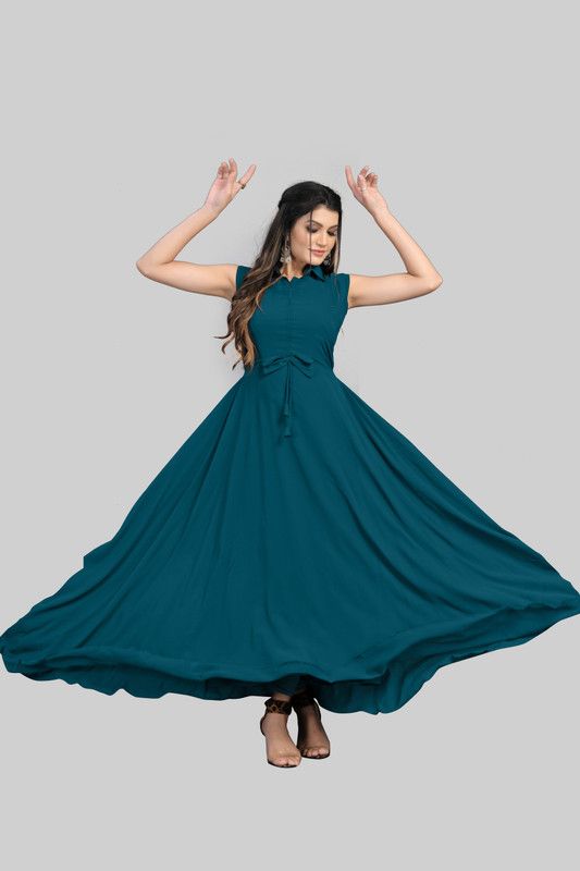 Solid Georgette Stitched Flared/A-line Gown  (Blue)