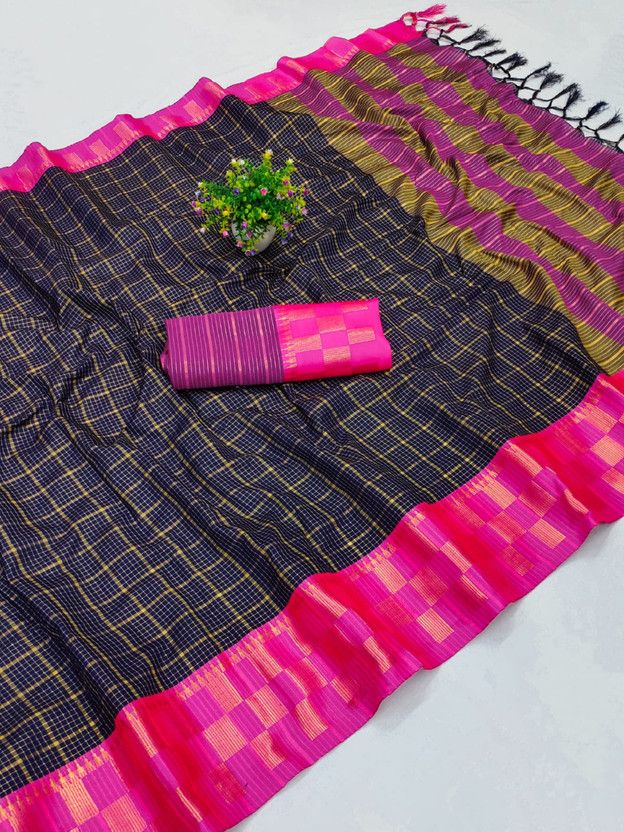 Embellished, Dyed, Checkered Dharmavaram Pure Silk, Cotton Silk Saree  (Dark Blue)