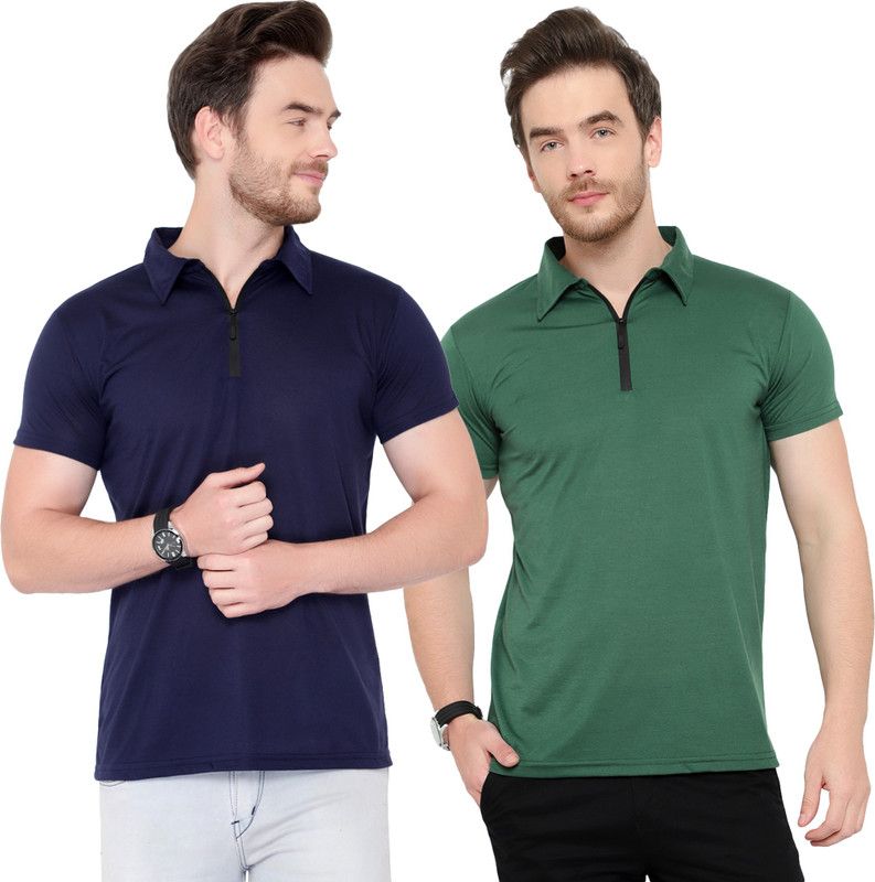 Pack of 2 Men Solid Polo Neck Cotton Blend Dark Blue, Dark Green T-Shirt