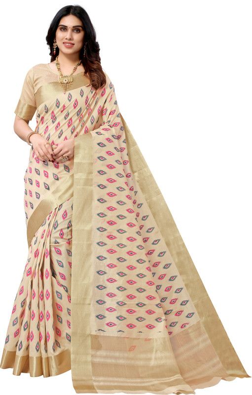 Printed Mysore Cotton Silk Saree  (Cream)