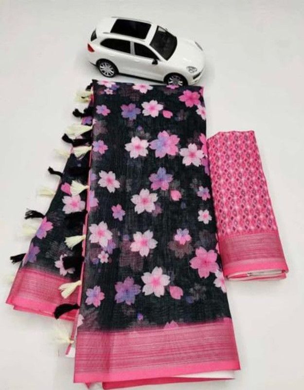 Daily Wear Linen Saree  (Black)