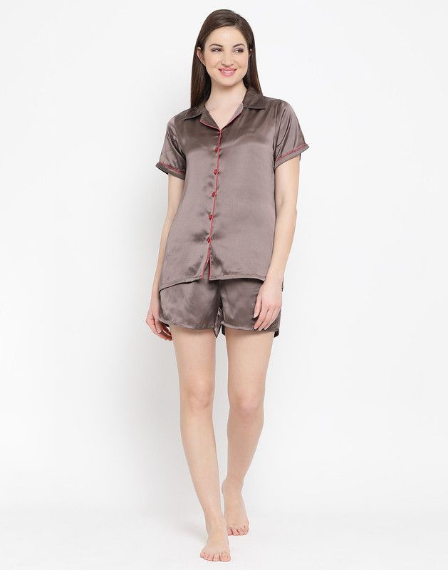 Women Top & Shorts Set Brown Solid