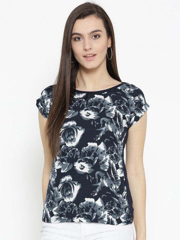 Casual Cap Sleeves Floral Print Women Dark Blue, White Top