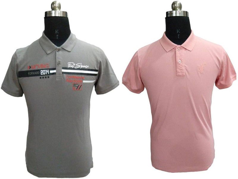 Pack of 2 Men Printed Round Neck Cotton Blend Pink, Grey T-Shirt