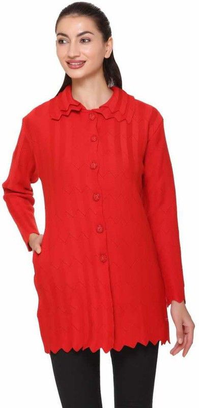 Women Self Design Collared Neck Red Sweater