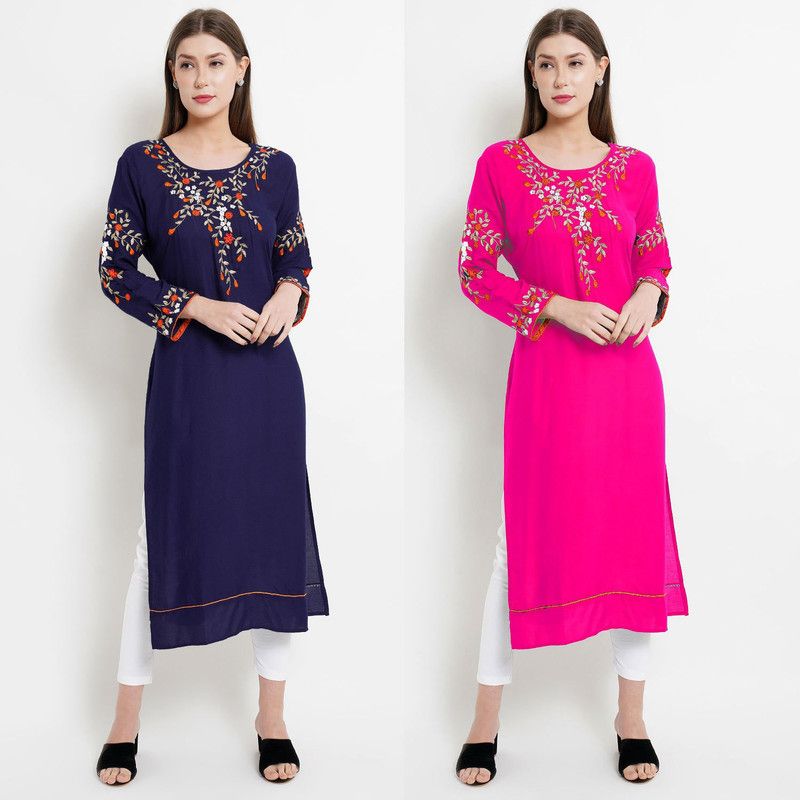 Pack of 2 Women Embroidered Cotton Rayon Straight Kurta  (Pink)