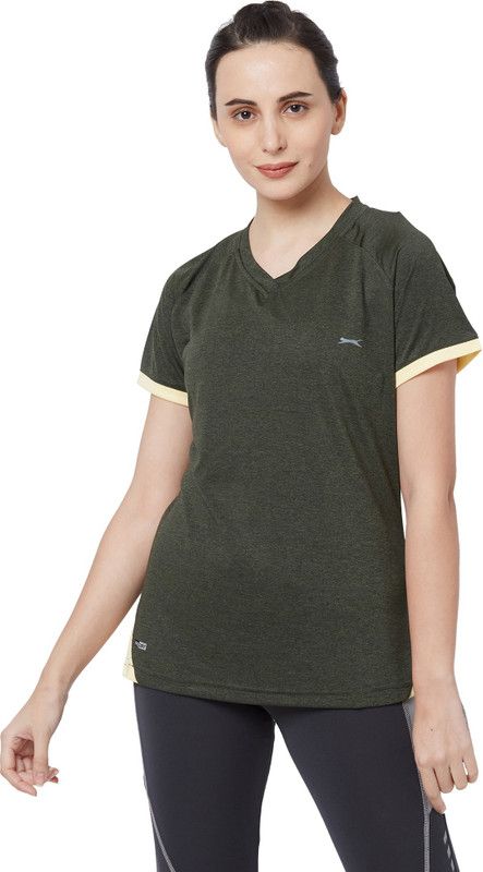 Women Solid V Neck Polyester Dark Green T-Shirt