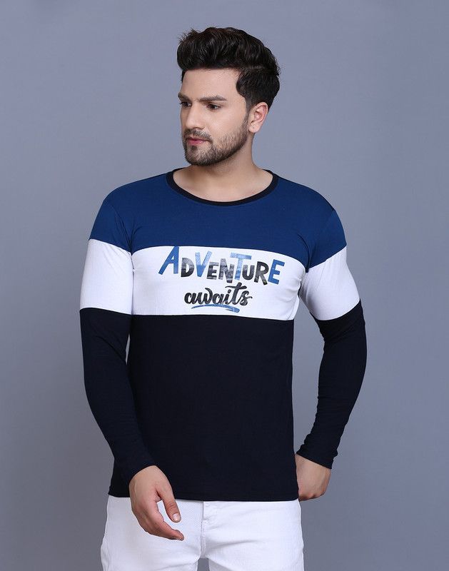 Men Typography Hooded Neck Cotton Blend Blue T-Shirt
