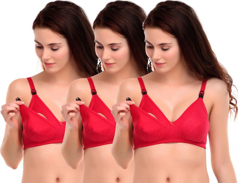 Pack of 3 Women Maternity/Nursing Non Padded Bra  (Red)