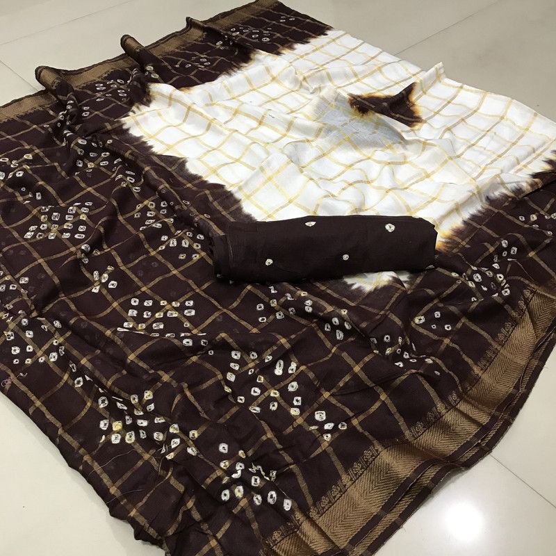 Bandhani Art Silk Saree  (White, Brown)