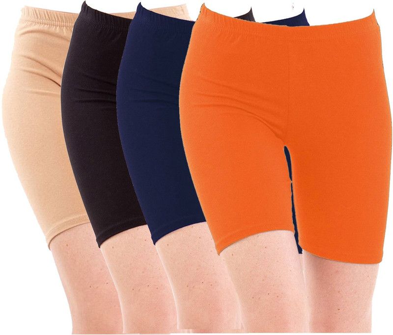 Pack of 4 Solid Women Beige, Black, Dark Blue, Orange Cycling Shorts