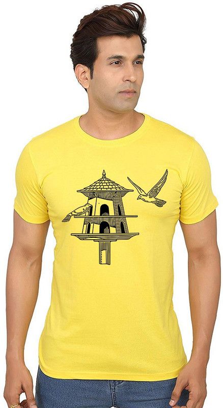 Dove Cote Men Printed Round Neck Pure Cotton Yellow T-Shirt