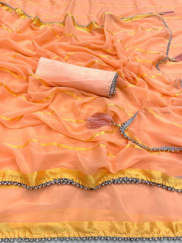 Striped Bollywood Viscose Rayon Saree  (Orange)