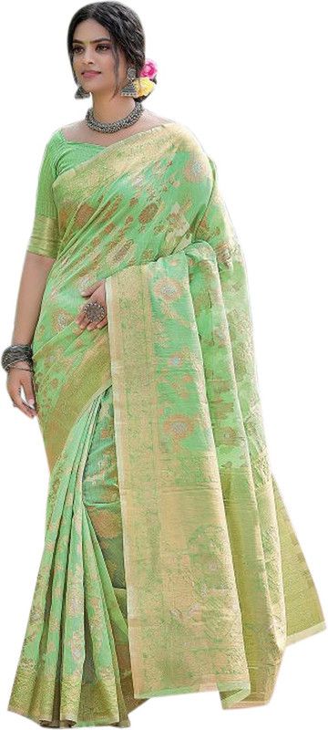 Printed Handloom Linen Saree  (Grey)