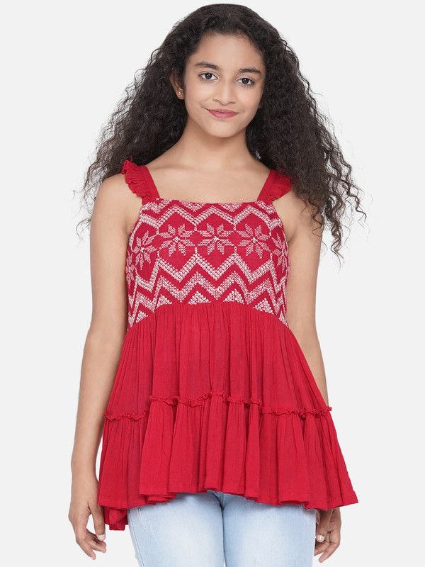 Girls Party Rayon Peplum Top  (Red, Pack of 1)