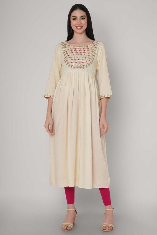 Women Embroidered Viscose Rayon Flared Kurta  (Beige)