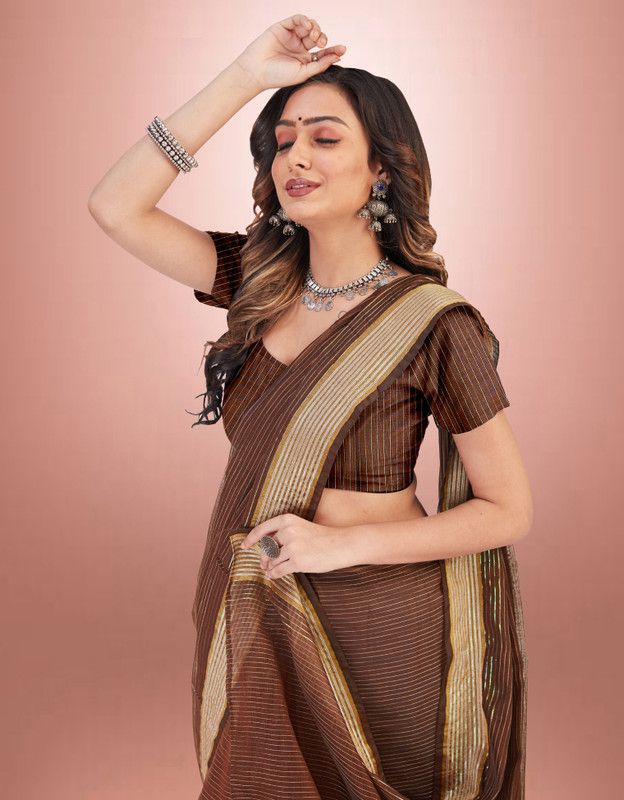 Self Design, Striped Banarasi Cotton Silk Saree  (Brown)