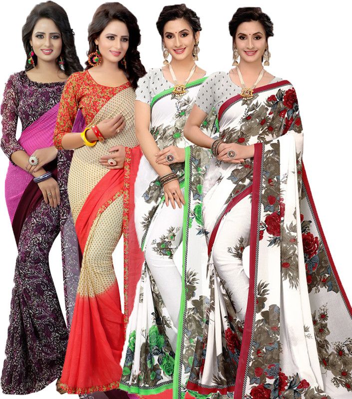 Printed Bollywood Georgette Saree  (Pack of 4, Purple, Red, White, Green, Maroon)