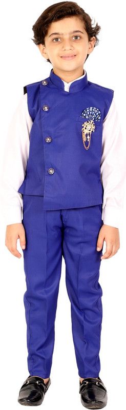 Boys Party(Festive) Waistcoat Pant, Pocket Square  (Dark Blue)