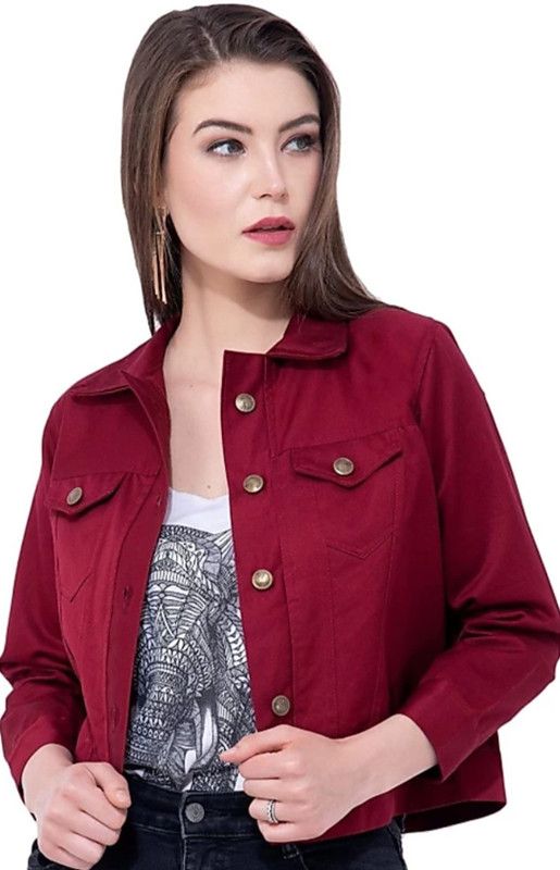 Grls denim jacket Maroon S Women Solid Jacket