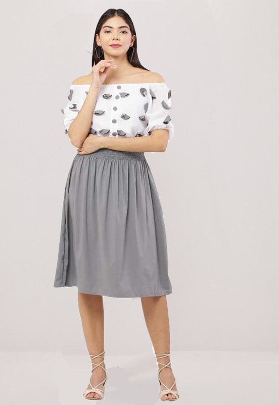 Girls Below Knee Casual Dress  (Grey, Half Sleeve)