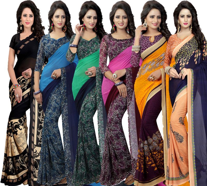 Printed Daily Wear Georgette Saree  (Pack of 6, Purple, Dark Blue, Green, Blue, Black, Pink)