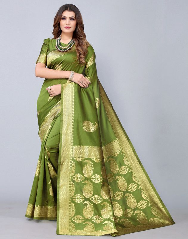 Woven Banarasi Silk Blend, Jacquard Saree  (Gold, Light Green)