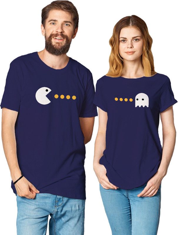 Pack of 2 Couple Graphic Print Crew Neck Cotton Blend Blue T-Shirt