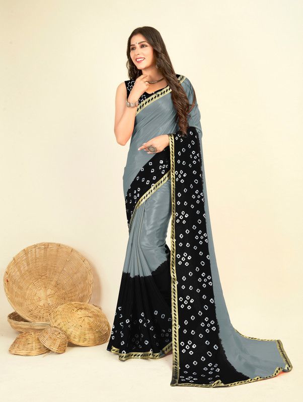 Printed Bandhani Silk Blend Saree  (Grey, Black)