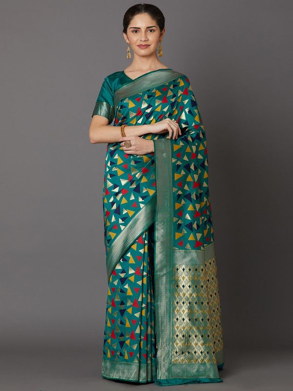 Woven Bollywood Jacquard, Art Silk Saree  (Green)