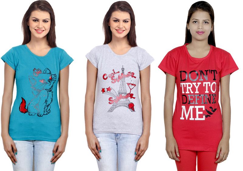 Pack of 3 Women Printed Round Neck Cotton Blend Red, Blue, Grey T-Shirt