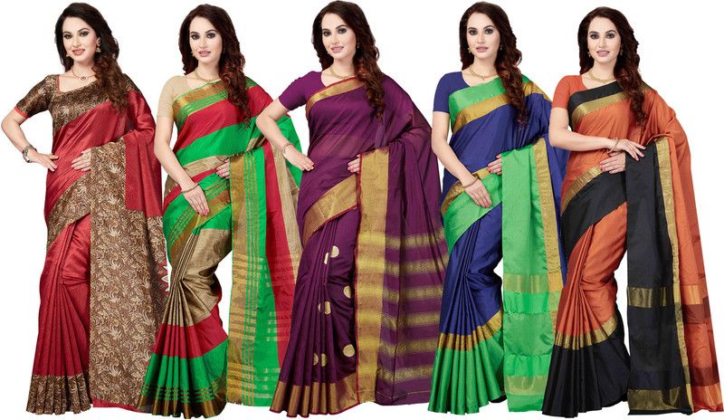 Printed Bhagalpuri Silk Blend Saree  (Pack of 5, Multicolor)