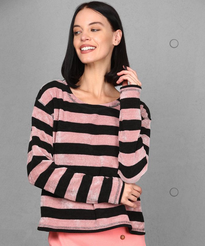 Women Striped Round Neck Black, Pink Sweater