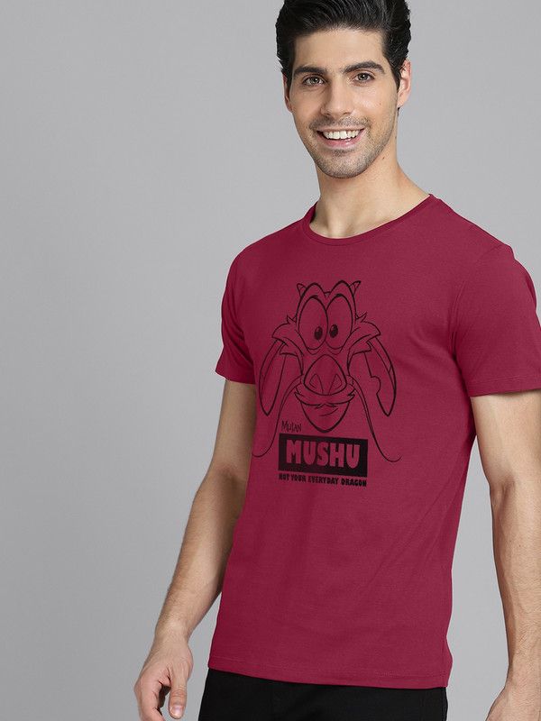 Mulan Men Graphic Print Round Neck Pure Cotton Maroon T-Shirt