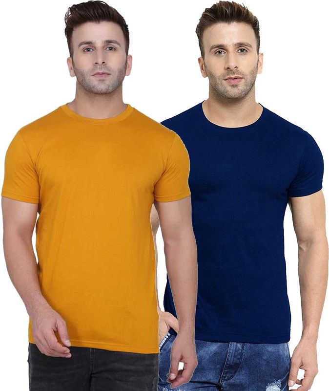 Pack of 2 Latest T-Shirts Presents Yellow And Dark Blue Plain Combo T-Shirt for Boys & Mens in Round Neck Men Solid Round Neck Cotton Blend Multicolor T-Shirt