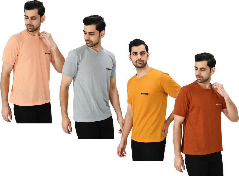 Pack of 4 Men Solid Round Neck Polyester Pink, Orange, Yellow T-Shirt