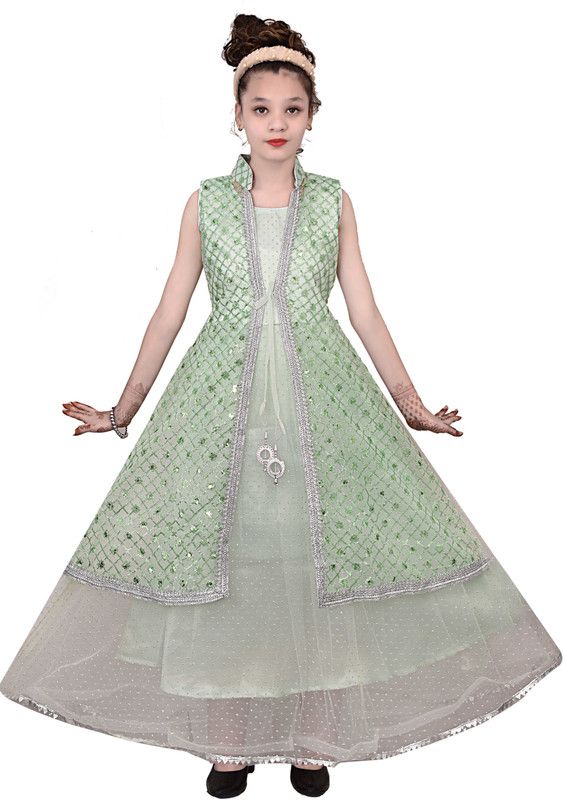 Embellished Net Stitched Flared/A-line Gown  (Green)
