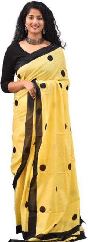 Polka Print Bollywood Pure Cotton Saree  (Black, Yellow)