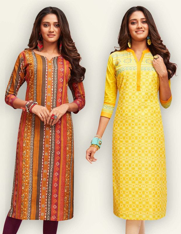 Pack of 2 Women Geometric Print Pure Cotton Straight Kurta  (Multicolor, Yellow)