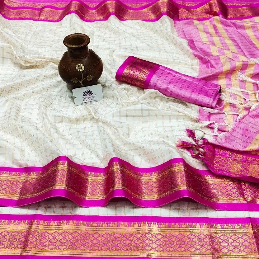 Temple Border, Woven, Checkered, Solid/Plain Bollywood Art Silk, Cotton Silk Saree  (White, Pink)