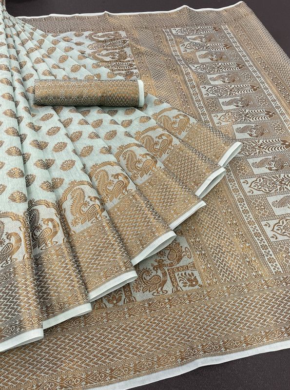 Banarasi Cotton Silk, Pure Silk Saree  (Light Blue)