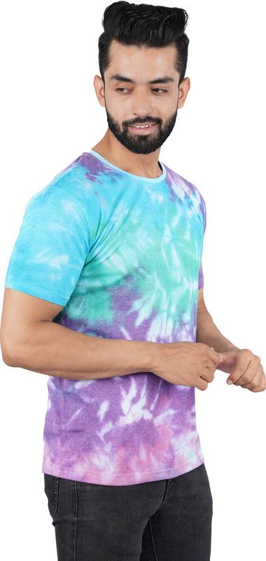 Men Tie & Dye Round Neck Cotton Blend Light Blue T-Shirt