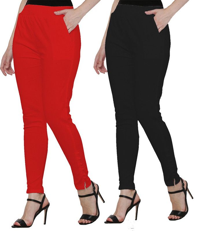 Pack of 2 Women Slim Fit Black, Red Cotton Blend Trousers