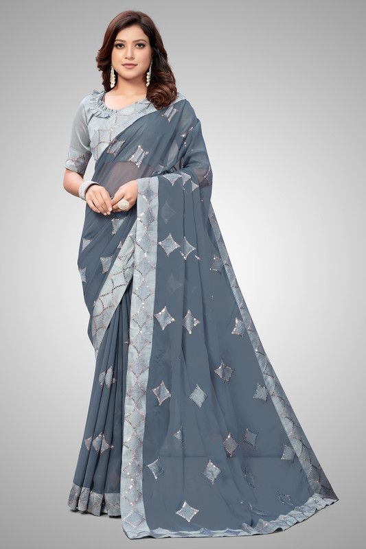 Embroidered, Embellished, Self Design Bollywood Georgette Saree  (Grey)