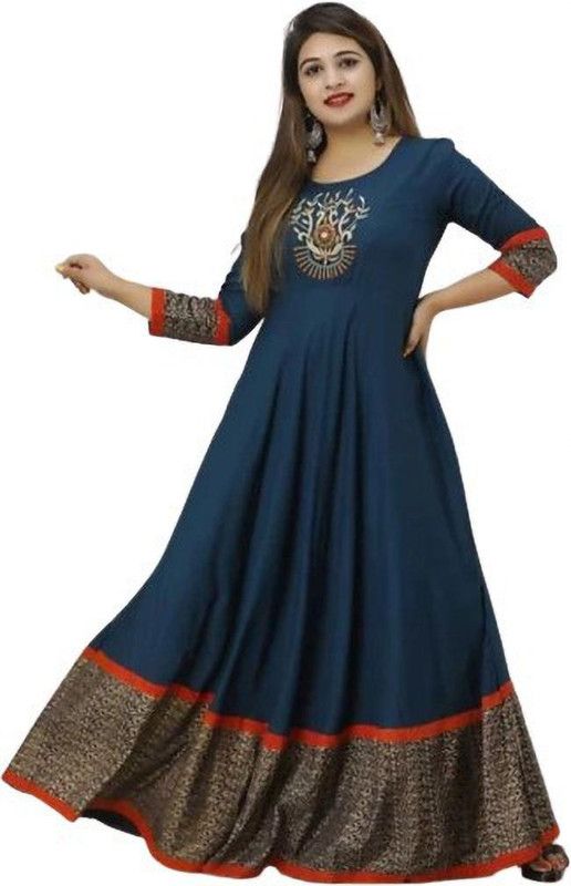 Embroidered Viscose Rayon Stitched Anarkali Gown  (Dark Blue)